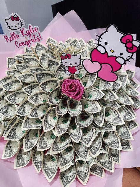 Hello Kitty Money Bouquet - Elegance & Bliss By Msni Custom Creations Hello Kitty Graduation Bouquet, Hello Kitty Hoco Proposal, Hello Kitty Graduation Party, Hello Kitty Theme Birthday Party, Hello Kitty Flower Bouquet, Hello Kitty Basket, Hello Kitty Money, Money Flower Bouquet, Hello Kitty Graduation