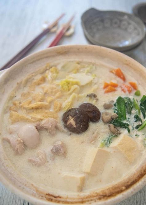 Hero shot of Soy Milk Hot Pot with Chicken. Chicken Milk Recipe, Hotpot Soup Base Recipe, Soy Milk Recipes, Dashi Broth, Japanese Chicken, Chicken Milk, Shabu Shabu, Pork Meatballs, Chinese Cabbage