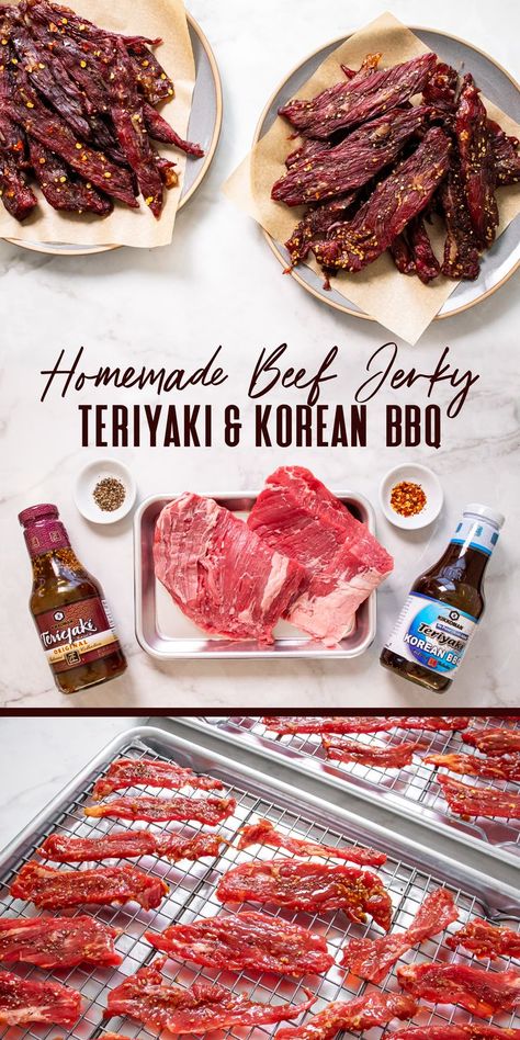 Beef Jerky 2 Ways | Beef jerky has long been known as an easy snack for school, work, picnics, or hiking trips! Learn to make your own with this easy recipe. Start with a pound of flank steak and some Kikkoman® Teriyaki Takumi, in Korean BBQ or Original flavor! Marinate with spices and bake in the oven for 3.5-4 hours. Perfect beef jerky every time. Serve it as part of a charcuterie board or chopped and sprinkled over a salad! What’s your favorite way to eat jerky? #Kikkoman Diy Teriyaki Beef Jerky, Korean Bbq Beef Jerky Recipe, Teriyaki Beef Jerky Marinade Recipe, Pellet Grill Jerky Recipes, Oven Beef Jerky Recipe, Teriyaki Jerky Recipe, Flank Steak Jerky Recipes, Beef Jerky Air Fryer Recipes, Teriyaki Jerky Marinade Recipes