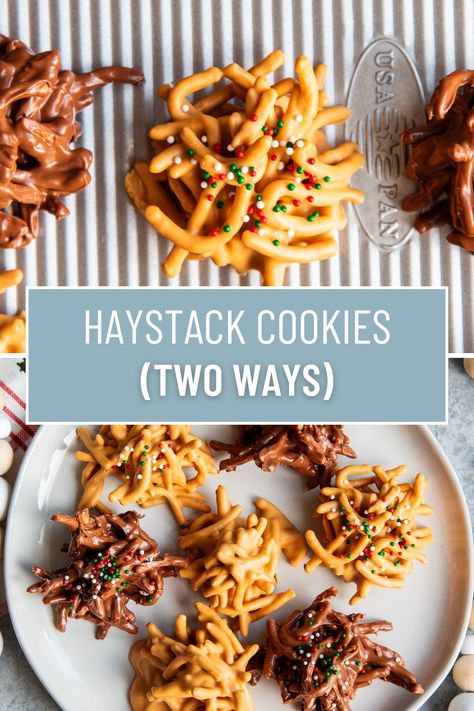 Haystack Cookies Potato Stick Haystacks, No Bake Haystacks, Keto Haystacks No Bake, Hay Stack Cookies Recipes, Haystack Cookies No Bake Peanut Butter, Christmas Haystacks Recipe, Hay Stacks Recipe Haystack Cookies, Christmas Haystack Cookies, Hay Stack Cookies