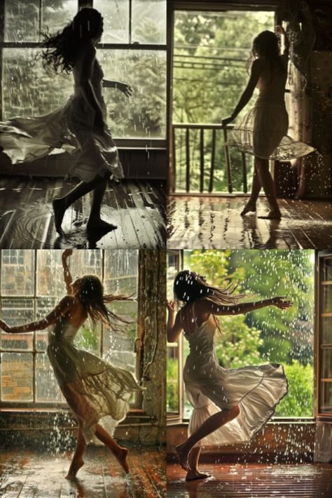 On a rainy afternoon, the woman opens her windows to let in the sound of raindrops falling. She dances barefoot on the wooden floor, her movements light and joyful, as if she's dancing with the rain itself, her spirits lifted by the soothing rhythm of the rain. Dancing In The Rain Reference, Dancing In The Rain Photoshoot, Woman In Rain Photography, Dancing Woman Reference, Dancing In Rain Aesthetic, Woman Dancing Aesthetic, Dancing In The Rain Alone, Dancing In A Dress, Women Dancing Together