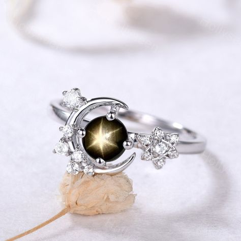 Vintage Black Star Sapphire Crescent Moon Engagement Ring White Gold Moissanite Ring Unique Black Stone Ring Art Deco Bridal Ring Women Gift Moon Engagement Ring, Black Star Sapphire, Gold Moissanite Ring, Quality Rings, Black Stone Ring, Engagement Ring White Gold, Ring White Gold, Star Sapphire, Ring Art Deco