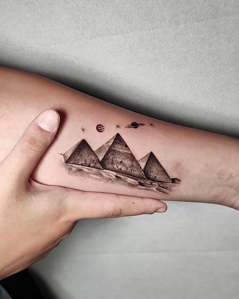 Giza Pyramids Tattoo, Pyrimad Tattoo, 3 Pyramid Tattoo, Three Pyramids Tattoo, Pyramids Egypt Tattoo Design, Egyptian Pyramids Tattoo, Pyramid Tattoo Simple, Pyramid Tatoos, Pyramid Tattoo Design