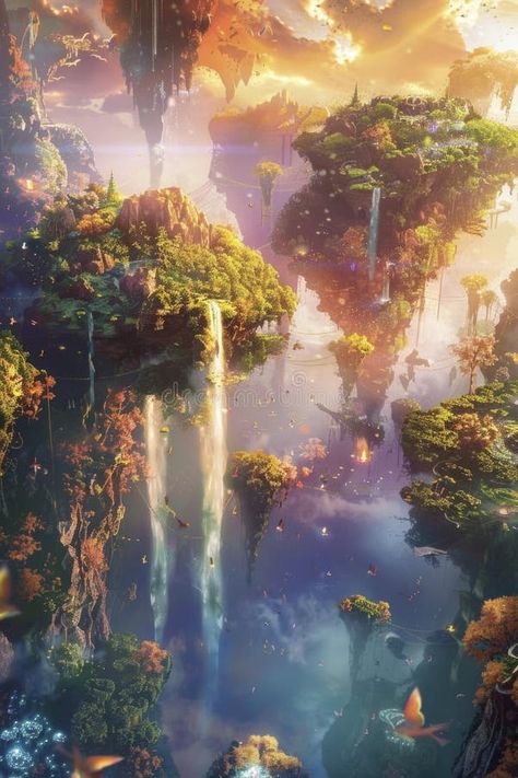 Enchanted Waterfall Paradise Amidst Floating Islands at Sunset stock image Floating Islands Fantasy Art, Enchanted Waterfall, Dnd Landscape, Sky Islands, Floating Islands, Floating Island, Sleeve Ideas, Building Art, Vector Flowers