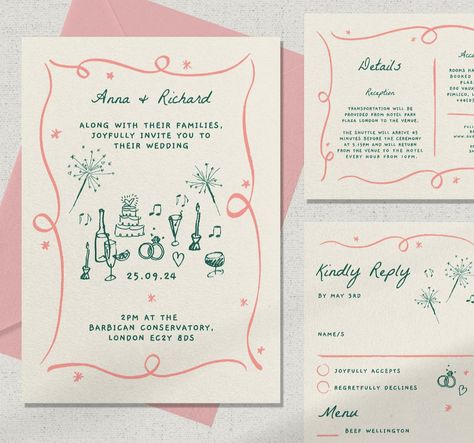 Fun Party Invitations, 1950s Wedding Invitations, Wedding Invitations Quirky, Whimsical Save The Date Ideas, Quirky Wedding Invites, Handwritten Wedding Invite, Wedding Invite Graphic Design, Wedding Invitations Whimsical, Wedding Stationery Illustration