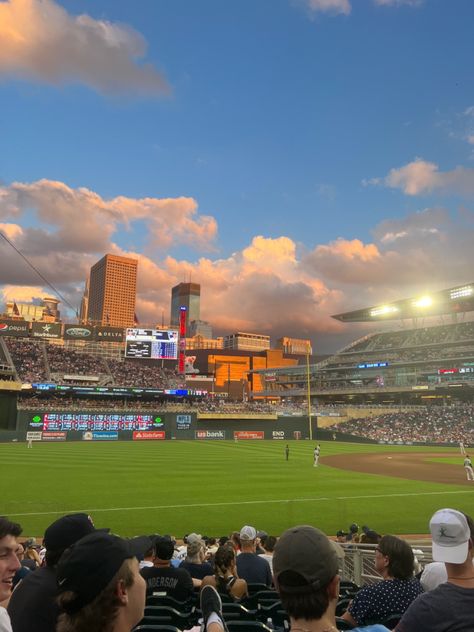 Baseball game, sunset, summer, sports, minneapolis minnesota Baseball Game Astethic, Highschool Baseball Aesthetic, Baseball Stadium Aesthetic, Major League Baseball Aesthetic, Twins Game, Twins Baseball, Baseball Stadium, Ny Yankees, Im Bored