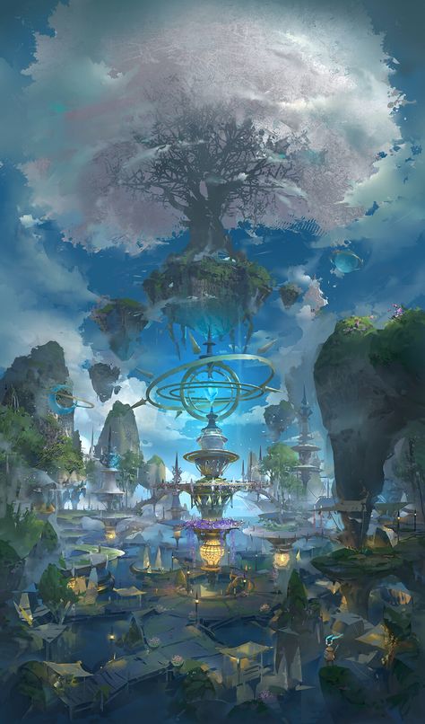 ArtStation - 树, 3 LY Elf World Fantasy Art, Floating Island In Space, Magic City Fantasy Art, Fire World Fantasy Art, Space World Art, Nature City Fantasy Art, Magical City Art, Minecraft Beautiful Builds, Anime World Wallpaper