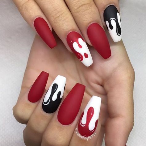 Bloody nails by the matte Queen @nailsbymztina. #Nails #Nailinspo #Inspiration #Inspo #Manicure #Acrylics #Bloody #Blood #Matte #Coffin #Beautiful #Artist #Art #Suavecitabeauty #Beauty #Halloween #Spooky #Bloody #Suavecita Blood Nails, Red And White Nails, Red Nail Art Designs, Red Nail Art, Halloween Acrylic Nails, Cute Halloween Nails, Black Acrylic Nails, Drip Nails, Thanksgiving Nails