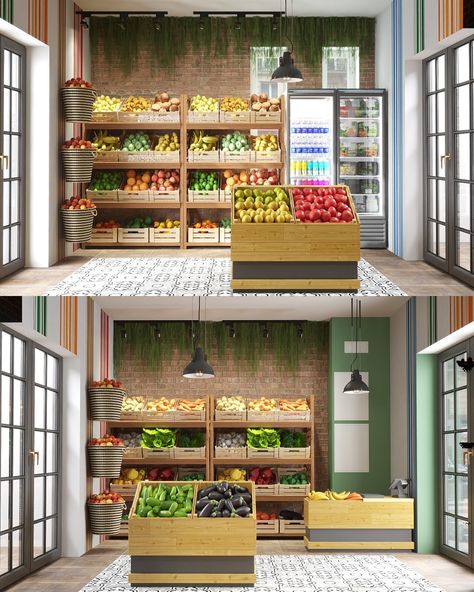 Fruit Shop Interior Design, Grocery Shop Design Interiors, Small Supermarket Design Interior, Small Fruit Shop Design, Fruits Shop Design, Fruit And Veg Shop Design, Vegetables Shop Design, Fruit Store Design, Vegetable Shop Design