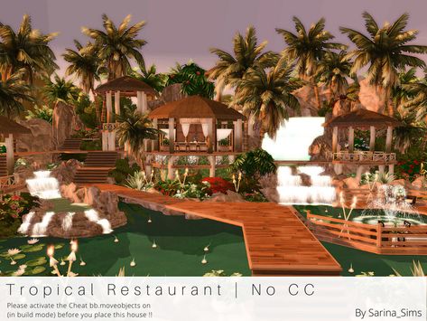 Sims 4 Restaurant No Cc, Minecraft Beach Ideas, Sims 4 Sulani, Sims4 Lots, Minecraft Beach, Tropical Restaurant, Sims Build Cc, Lots Sims 4, Sims 4 Restaurant