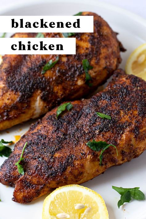 Blackened chicken is about to be your new go-to main course. Juicy chicken coated in an amazing blend of spices, then seared in butter and finished off in the oven. It couldn't be easier or more delicious. Never eat boring chicken again! Sweet Green Blackened Chicken, Blackened Chicken Baked, Blackened Chicken Crockpot, Healthy Juicy Chicken Recipes, Blackened Chicken Recipe Dinners, Blacked Chicken Recipe, Blacken Chicken Recipes, How To Make Blackened Chicken, Blackened Chicken Marinade