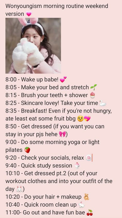 #wonyoung #wonyoungism #routine #thatgirl Elegant Morning Routine, Wonyongism Daily Routine, Wonyoungism Daily Routine, Wonyoungism Weekend Routine, Wonyoungism Morning Routine School, Wonyoungism Routine Weekend, Wonyoungism Schedule, Wonyoungism After School Routine, Wonyoung Morning Routine