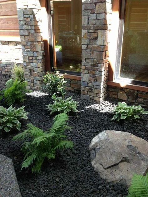 River Rock Front Yard Landscaping, Landscape With Rocks Front Yard, Big Rock Landscaping Ideas, Utah Landscape Ideas, Black Lava Rock Landscaping, Black Lava Rocks Landscaping, Lava Rock Landscaping, Lava Rock Landscape, Black Rock Landscaping