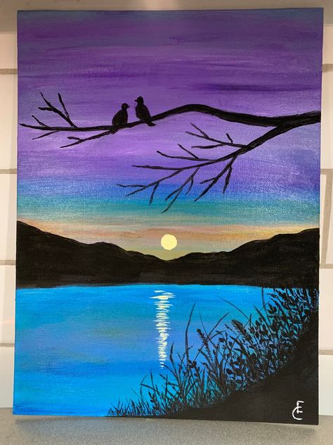 Love Birds at Lake at Sunset - Etsy Australia Easy Water Painting, Lake Painting Easy, Sunset Lake Painting, Easy Nature Paintings, Beach Sunset Painting, Sunset Paintings, Sunset Canvas Painting, Easy Landscape Paintings, Night Sky Painting