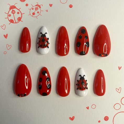 Lady bug nails🐞 Such a cutie set🤍 gonna be available in my shop soon :) very excited to get that up and running !! - - - #customnails #pressonnails #ladybug #summernails #nailart #reels #nailartist #gelx #custompressonnails Cute Acrylic Designs, Easy Autumn Nail Art, Fun Nails Simple, Pretty Nails Fall, Muted Tone Nails, Dark Feminine Acrylic Nails, Theater Nails, Cute Simple Nail Designs Acrylics, Cool Acrylic Nails Designs