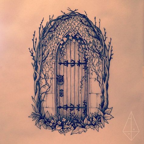 “The Secret Garden inspired, for Kaitlin” Secret Garden Door Tattoo, Garden Door Drawing, Secret Garden Tattoo Ideas, Nostalgic Tattoo Ideas, Secret Garden Key, Feminine Shoulder Tattoos, Side Thigh Tattoos, Secret Garden Book, Garden Tattoos