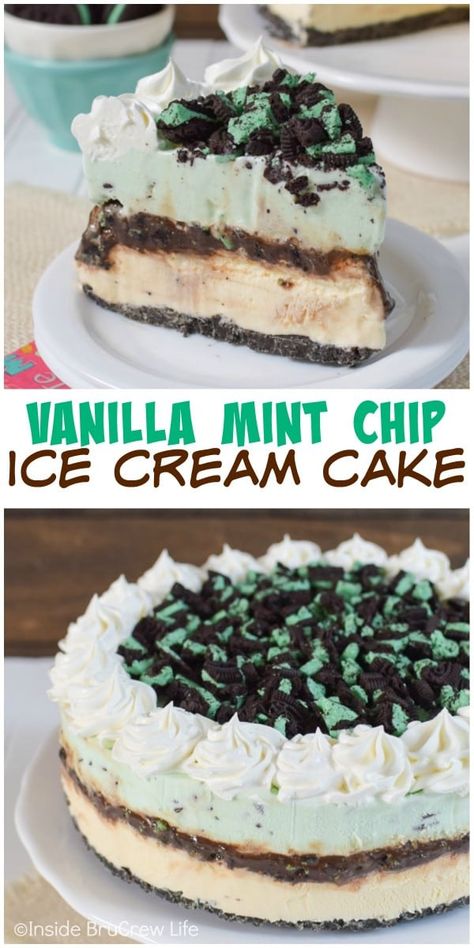 Mint Ice Cream Cake, Chocolate Chip Ice Cream Cake, Mint Chocolate Chip Ice Cream Cake, Ice Cream Fudge, Mint Desserts, Fun Ice Cream, Cream Fudge, Homemade Ice Cream Cake, Mint Chip Ice Cream