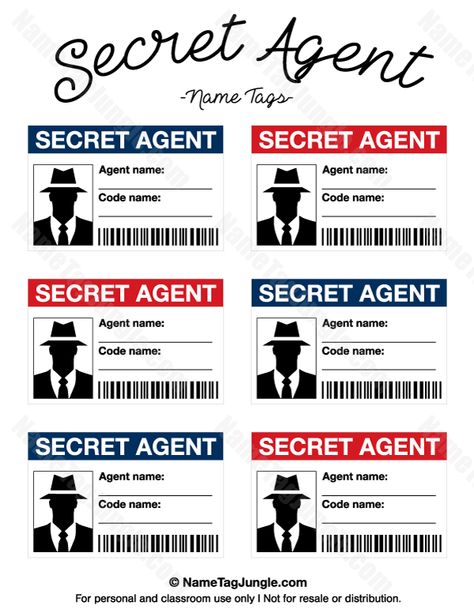 Free printable secret agent name tags. These would be great for a spy or secret agent party theme. Download the PDF at http://nametagjungle.com/name-tag/secret-agent/ Spy Kids Party, Geheimagenten Party, Secret Agent Party, Spy Birthday Parties, Detective Party, Detective Theme, Name Tag Templates, Mission Possible, Spy Party