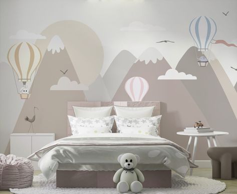 Soft Color Animal and Balloon Wallpaper by MyNurseryRoom on Etsy Balloon Wallpaper, Grey Nursery, Vinyl Wallpaper, Nursery Ideas, Soft Colors, Wall Mural, Baby Room, Wall Wallpaper, Natural Color