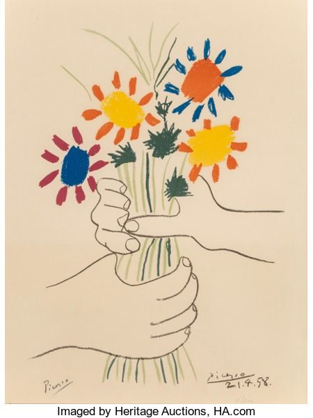 Prints:European Modern, After Pablo Picasso (1881-1973). Fleurs et mains, 1958.Lithograph in colors on Chiffon de Mandeure paper. 26 x 19-5/8 i... Picasso Flowers, Picasso Pictures, Georges Braque, Pablo Picasso, Famous Artists, Linocut, Art Original, High Quality Art Prints, Art Lessons