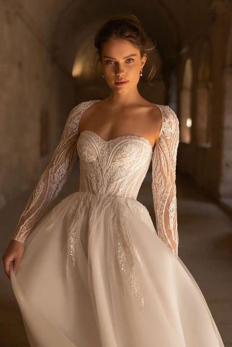 Wedding Dress Sweetheart Neckline With Sleeves, Long Sleeve Wedding Dress With Corset, Bridal Elopement Dress, Sheer Floral Lace Wedding Dress With Long Sleeves, Long Sleeve Detachable Wedding Dress, Corset Style Wedding Dress With Sleeves, Long Sleeve Wedding Dress Corset, Square Neck Tulle Wedding Dress, Lace Bolero Wedding Long Sleeve