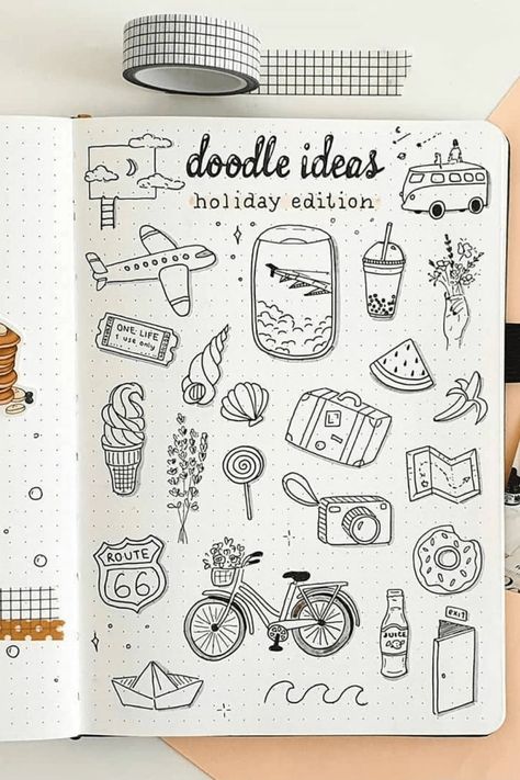 Travel Doodles, Bullet Journal Ideas Templates, Travel Journal Scrapbook, Arte Doodle, Creating A Bullet Journal, Bullet Journal Mood Tracker Ideas, Bullet Journal Paper, Bulletin Journal Ideas, صفحات التلوين