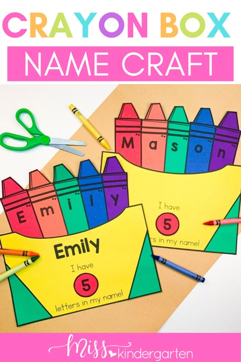 This crayon box name craft can be incorporated into your first day of school activities. It makes a for bulletin board in your classroom or send home to help your parents get ideas for name writing practice. Your preschool and kindergarten students will love creating this craft while celebrating their name! Name Activities Preschool, Preschool First Day, Cute Bulletin Boards, Preschool Names, Miss Kindergarten, All About Me Preschool, Name Recognition, Welcome To School, Name Crafts