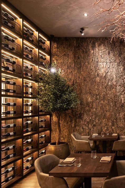 Olive Restaurant Design, Rustic Decor Restaurant, Olive Tree Restaurant Design, Rustic Style Restaurant Interiors, Wine Wall Restaurant, Fine Restaurant Design, Wine Cellar Restaurant Design, Wine Room Restaurant, Restaurant Set Up Ideas