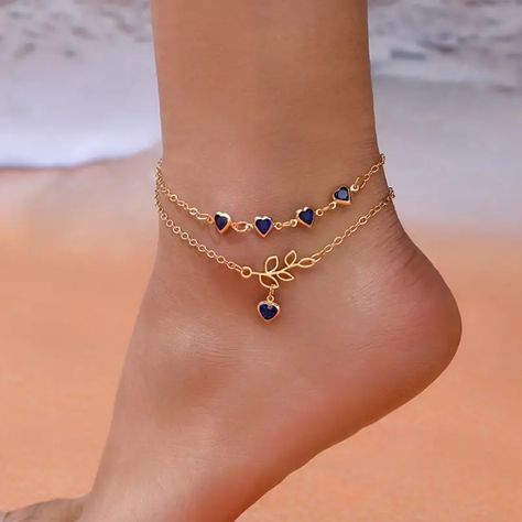 Elegant Double-Layer Love Heart Pendant Ankle Bracelet - Alloy Foot Chain Jewelry With Sparkling Rhinestones - Versatile & Trendy Gift Idea Stile Boho Chic, Ankle Bracelets Diy, Foot Chain, Ankle Jewelry, Stil Boho, Body Chains, Estilo Boho Chic, Ankle Chain, Fancy Jewellery