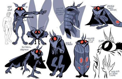 Made Up Creatures Drawing, Moth Man Character Design, Mothman Concept Art, Spidersona Character Sheet, Cryptid Fanart, Mothman Character Design, Moth Man Drawing, Mothman Dnd, Cryptid Character Design