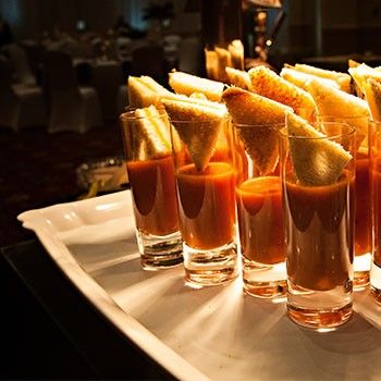 Grilled cheese and tomato soup shooters. One of many enjoyable appetizer options at the St. Charles Convention Center in St. Charles, MO. Wedding Hors D'oeuvres, Waffle Bar, Gourmet Breakfast, Catering Options, Special Desserts, Catering Food, Dessert Options, Hors D'oeuvres, Evening Meals