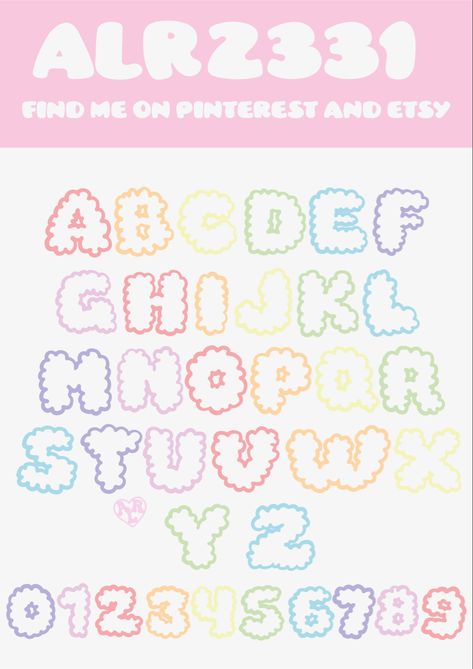 rainow pastel alphabet with cloud shaped letters Kawaii Font Alphabet, Sanrio Font, Kawaii Typography, Kawaii Fonts, Cute Fonts Alphabet Bubble, Cute Bubble Letters, Kawaii Lettering, Cute Alphabet Letters, Kawaii Font