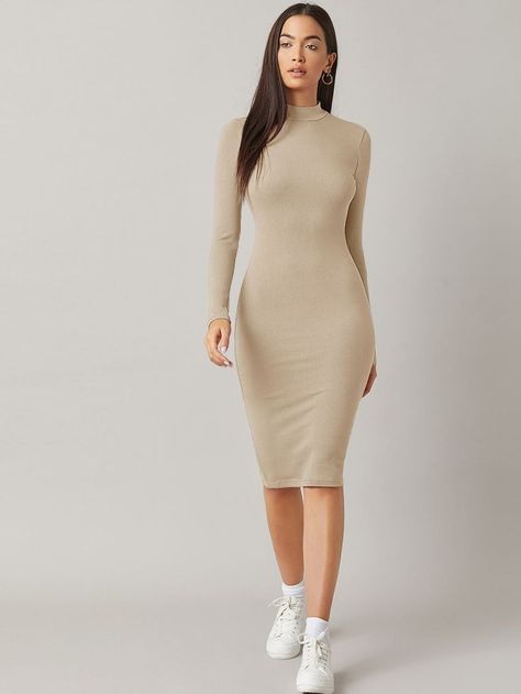 Dress With Cardigan Winter, Bodycon Dress With Cardigan, Ribbed Dress Outfit, Pencil Skirt Outfits Casual, Silk Bodycon Dress, Shein Basics, Body Con Dress Outfit, Maxi Outfits, Maxi Dress Outfit