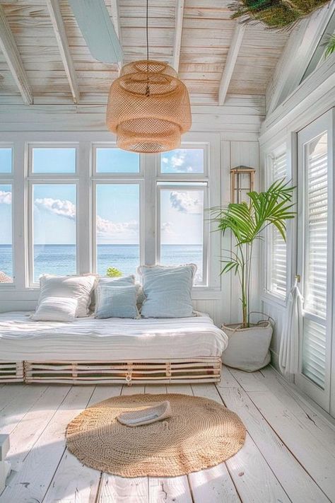 Cozy Beach Apartment, Hawaiian House Aesthetic, Beach Aesthetic Living Rooms, Florida Room Ideas, Beach Bungalow Interior, Coastal Boho Interior, Boho Coastal Decor, Coastal Apartment, Boho Beach House