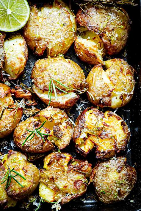 Smashed Potatoes with Rosemary & Feta cheese Crushed Potatoes Recipes, Crushed New Potatoes, New Potatoes, Smashed New Potatoes, Smashed Potatoes Baked, Smashed Potatoes Recipe, Crushed Potatoes, Feta Cheese Recipes, Vegan Fish