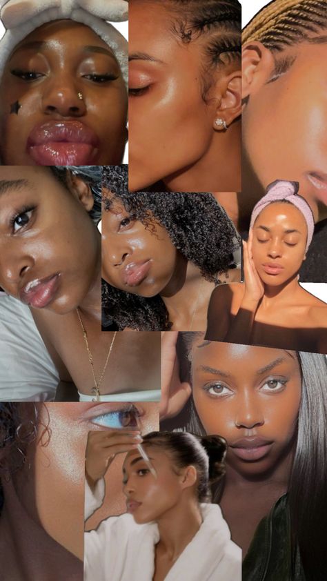 Glowing Skin Black Women, Glass Skin On Black Women, Skin Goals Black Women, Hydrated Skin Aesthetic, Glow Up Collage, Black Clear Skin Aesthetic, Healthy Black Skin, Black Women Hair Aesthetic, Skincare Manifestation