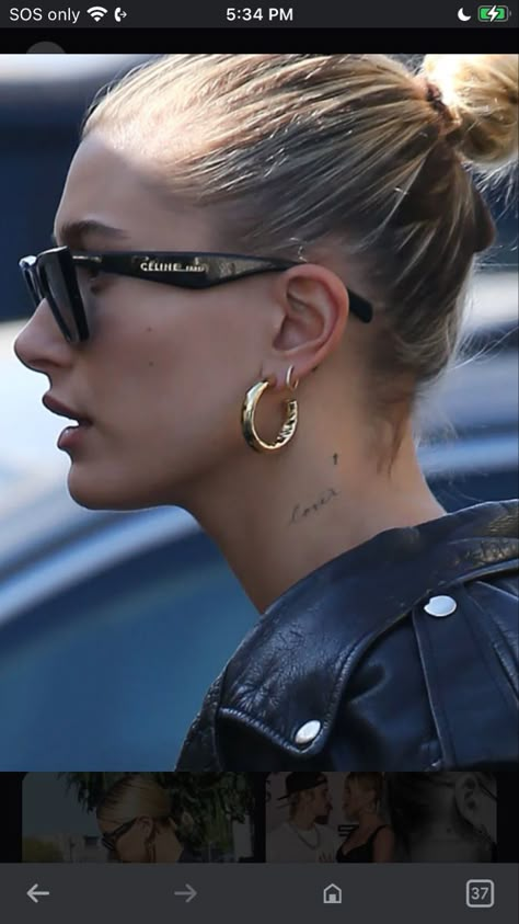 Hailey Bieber Tattoo, S Tatoos, J Tattoo, Winter Attire, Neck Tattoo, Hailey Bieber, Girl Tattoos, Tatting, Tattoo Ideas