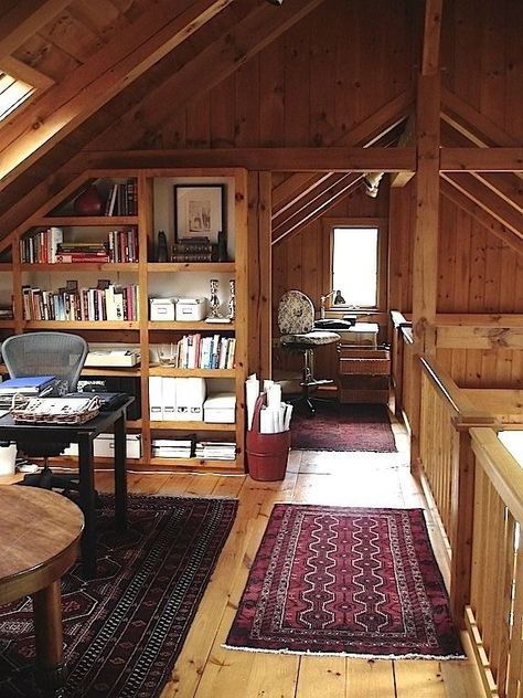 For Emma, Forever Ago ~ cute upstairs loft | Attic remodel, Barn loft, Home Bedroom Stairs, Attic Renovation Ideas, Barn Loft, Attic Bedrooms, Attic Renovation, Attic Storage, Attic Spaces, Art Studio At Home, Attic Remodel