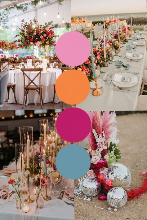 Summer Colours Wedding, Wedding Decor Bright Colors, June Color Palette Wedding Ideas, Wedding Colour Schemes Bright, Bright And Bold Wedding Colors, Beach Color Wedding Colour Palettes, Bright Wedding Colour Schemes, Colorful Reception Wedding, Cabo Wedding Color Scheme