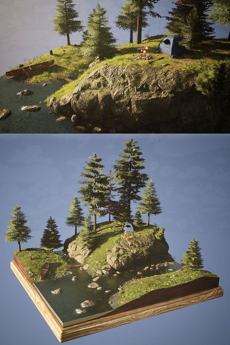 Camping Diorama, Diaroma Ideas, Forest Diorama, Fantasy Music, The Narrows, Landscape Model, 3d Landscape, Substance Designer, Architecture Concept Drawings