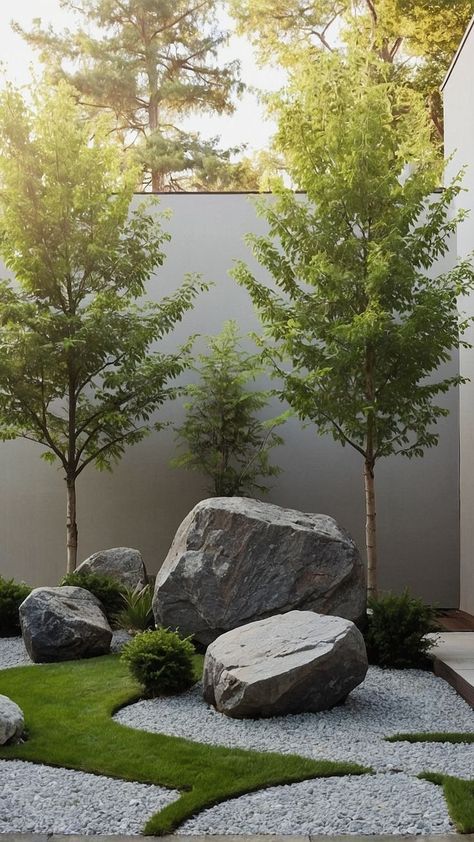 Create zones with different themes, such as a Zen garden with sand, rocks, and minimalist plants, or a tropical section with lush greenery and bamboo. Rock Front Yard Landscaping, Rock Front Yard, Stunning Landscaping, Boulder Garden, Small Zen Garden, Zen Garden Design, Driveway Entrance, Landscaping With Boulders, Minimalist Garden