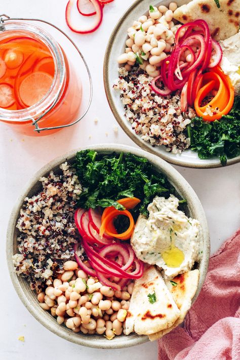 Quick Pickled Vegetables, Fluffy Quinoa, Massaged Kale Salad, Healthy Bowl, White Bean Dip, Massaged Kale, Minimalist Baker, Vegan Lunches, Pickled Veggies