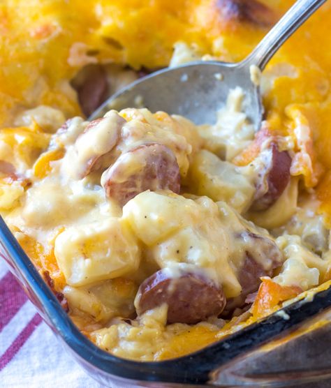 A quick & easy dish to throw together, this Cheesy Potato & Smoked Sausage Casserole is a meat and potatoes kind of dinner everyone can agree on. Scalloped Potatoes And Smoked Sausage, Potato Smoked Sausage Casserole, Sausage And Potato Casserole, Smoked Sausage Casserole, Sausage Casserole Recipes, Potatoes Casserole, Smoked Sausages, Sausage And Potatoes, Smoked Sausage Recipes