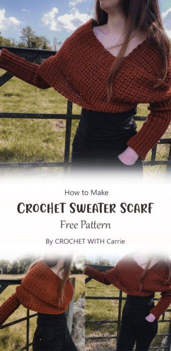 Free Crochet Sweater Scarf Pattern, Crochet Double Sleeve Scarf, Crochet Sweater Scarf Free Pattern, Crochet Scarf With Sleeves, Crochet Fall Clothes, Winter Crochet Projects, Crochet Sweater Scarf, Free Crochet Scarf Patterns, Scarf With Sleeves