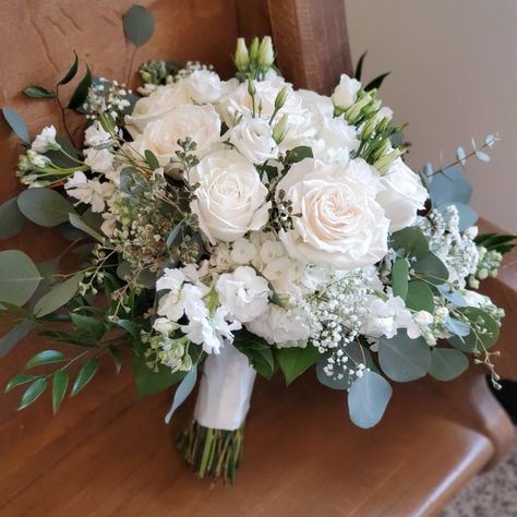 White Flowers Greenery Bouquet, White And Neutral Bridal Bouquet, White Bridal Bouquet With Eucalyptus, Sage Green Wedding Flowers, White Peony Bouquet Wedding, Champagne Wedding Flowers, Real Wedding Flowers, Neutral Wedding Flowers, Green Wedding Flowers