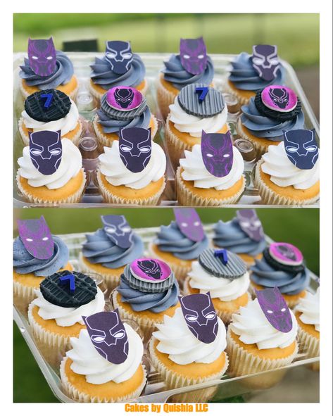 #marvel #blackpanther #wakanda #wakandaforever #cake #sheetcake #cupcakes #7thbirthday Black Panther Cookies Decorated, Wakanda Forever Birthday Cake, Black Panther Cupcakes, Black Panther Birthday Party Food, Wakanda Forever Cake, Black Panther Cupcake Toppers, Panthers Cupcakes, Panthers Cake, Boys Game Room