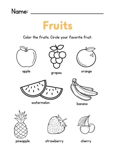 Name Of Fruits In English, Fruit Names For Kids, Color The Fruits Worksheet, Fruit Vegetables Worksheet, Fruit Worksheets For Kindergarten, Fruits Name Worksheet, Vegetables Worksheets Kindergarten, Fruit Worksheets Preschool, Fruits Worksheets For Kindergarten