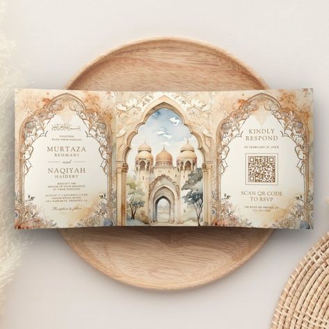 Greek Style Invitation, Desi Wedding Cards, Nikah Invitation Cards, Middle Eastern Architecture, Aesthetic Invitation, Arabian Palace, Reception Invites, Architecture Wedding, Eastern Architecture