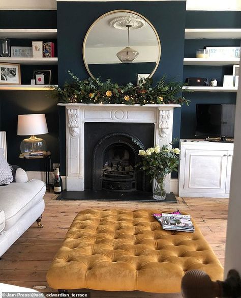 Farrow And Ball Living Room, Glamorous Living Room, Farrow Bal, Homing Pigeons, Hague Blue, Victorian Living Room, Edwardian House, Cosy Living Room, Lounge Decor