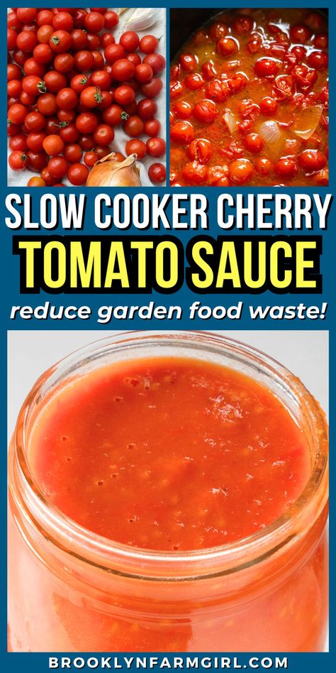 overhead of tomatoes and onions simmering in a crockpot What To Make With Fresh Cherry Tomatoes, Freezing Cherry Tomatoes Easy, What To Do With Cherry Tomatoes Canning, Cherry Tomato Pasta Sauce Canning, Abundance Of Cherry Tomatoes, What To Do With An Abundance Of Cherry Tomatoes, Cherry Tomato Recipes For Canning, Cherry Tomato Freezer Recipes, Slow Cooker Cherry Tomato Sauce